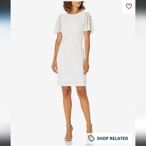 Calvin Klein White/Ivory Sheath Dress Button Flowy Sleeve ♥